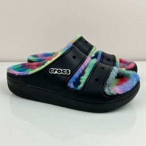 Crocs Men’s Size 10.0 Classic Cozzzy Spray Dye Black Fuzzy Lined Sandals (W12)